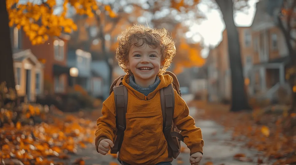 A young boy with curly hair, wearing an orange sweater and a brown backpack, walks down a street with fallen leaves. He smiles broadly at the camera, with a background of blurry houses and trees. The scene is warm and inviting, capturing the joy of childhood and the beauty of autumn.