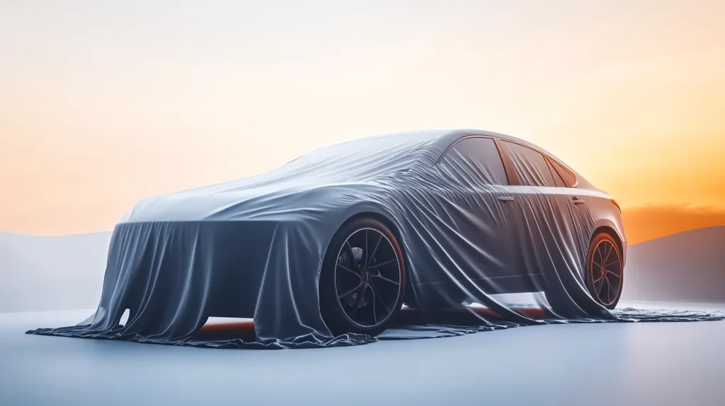 A sleek, modern car is covered in a gray cloth, creating a sense of mystery and anticipation. The car is positioned on a white surface, with a soft, orange and white backdrop that evokes the feeling of a sunrise. The cloth is draped over the car in a way that emphasizes its curves and shape, hinting at the luxurious design underneath. The car's partially visible wheel suggests a powerful performance.  This image creates an air of anticipation for a new car reveal.
