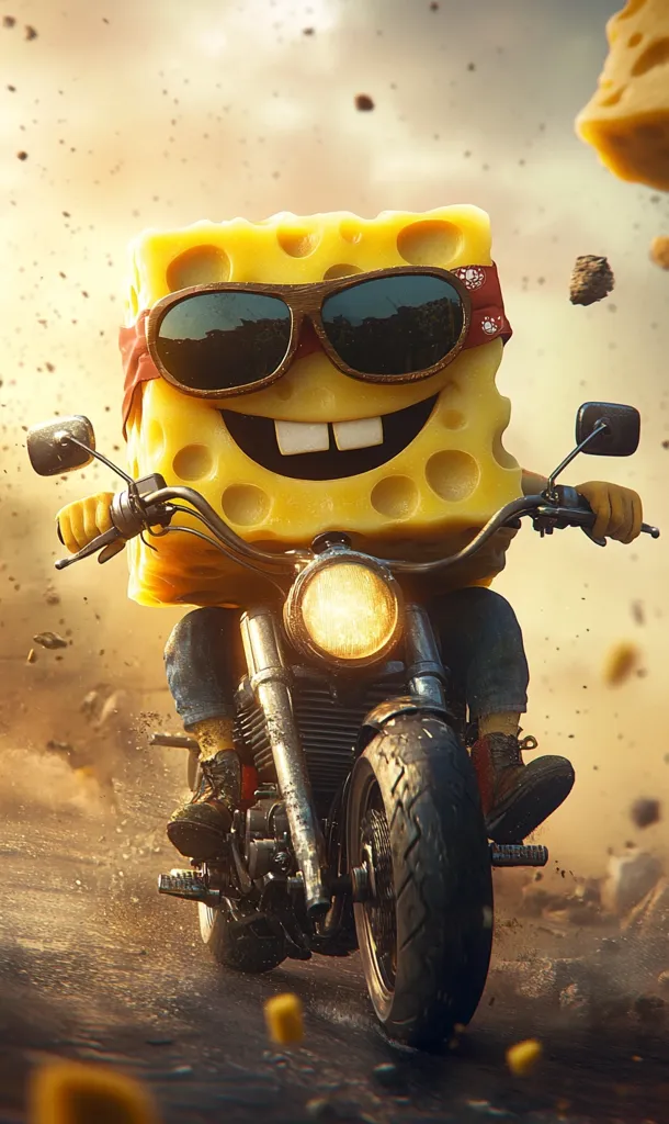 A yellow sponge-like character with a toothy grin, wearing sunglasses and a red bandana, is riding a motorcycle down a dusty road. The character's arms are outstretched, gripping the handlebars of the motorcycle, which is kicking up dust as it speeds along. The background is blurred, highlighting the character and the motorcycle.  Small pieces of yellow sponge-like material are scattered around the road.  The character appears to be enjoying the ride.