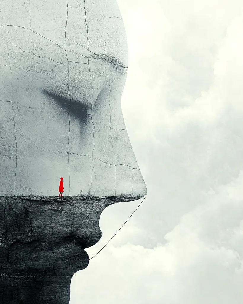 The image depicts a surreal landscape. A giant, cracked face with a closed eye takes up most of the frame, its nose extending into the bottom part of the image. A tiny figure in a red dress stands at the edge of a cliff, seemingly suspended from the nose of the giant face. The background is a cloudy sky. The image creates a sense of loneliness and isolation, with the tiny figure dwarfed by the colossal face.  The cracks in the face suggest a sense of fragmentation and inner turmoil.  The image could represent the feeling of being overwhelmed by the world, or the weight of emotions.