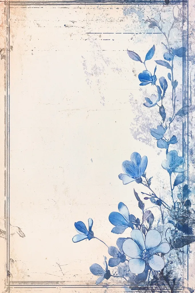 The image features a vintage-looking background with a faded, textured cream color.  Blue flowers are scattered along the right side of the image.  They are painted in a watercolor style and give the background an ethereal feel. The image has a faded, antique look.  It is perfect for adding a touch of elegance to a variety of projects.
