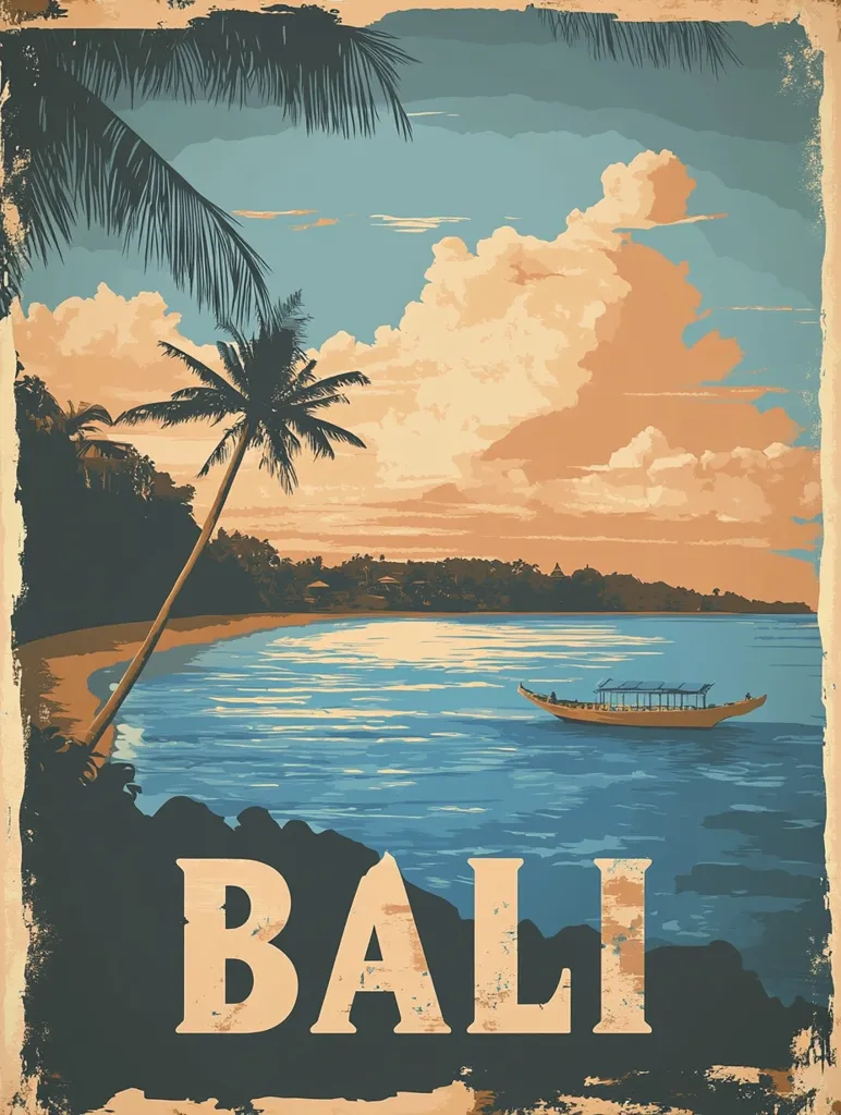 A vintage travel poster with a faded, rustic aesthetic. The poster depicts a scenic landscape of a palm tree-lined beach in Bali, Indonesia. The image shows a calm, blue ocean with a traditional boat gently gliding across the surface. The sky is filled with fluffy clouds, creating a serene and idyllic atmosphere. The word "BALI" is prominently displayed in large, bold letters at the bottom of the poster, emphasizing the destination.