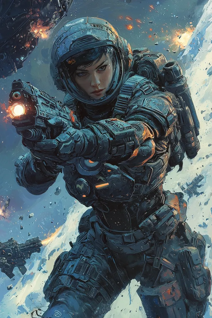 A woman in a futuristic spacesuit aims a gun, her face visible through the visor. She is surrounded by debris and explosions, suggesting a chaotic battlefield. The scene is painted in a gritty, realistic style, emphasizing the intensity of the moment. The composition draws the viewer's eye to the woman's determined expression, highlighting her role as a warrior in a hostile environment.
