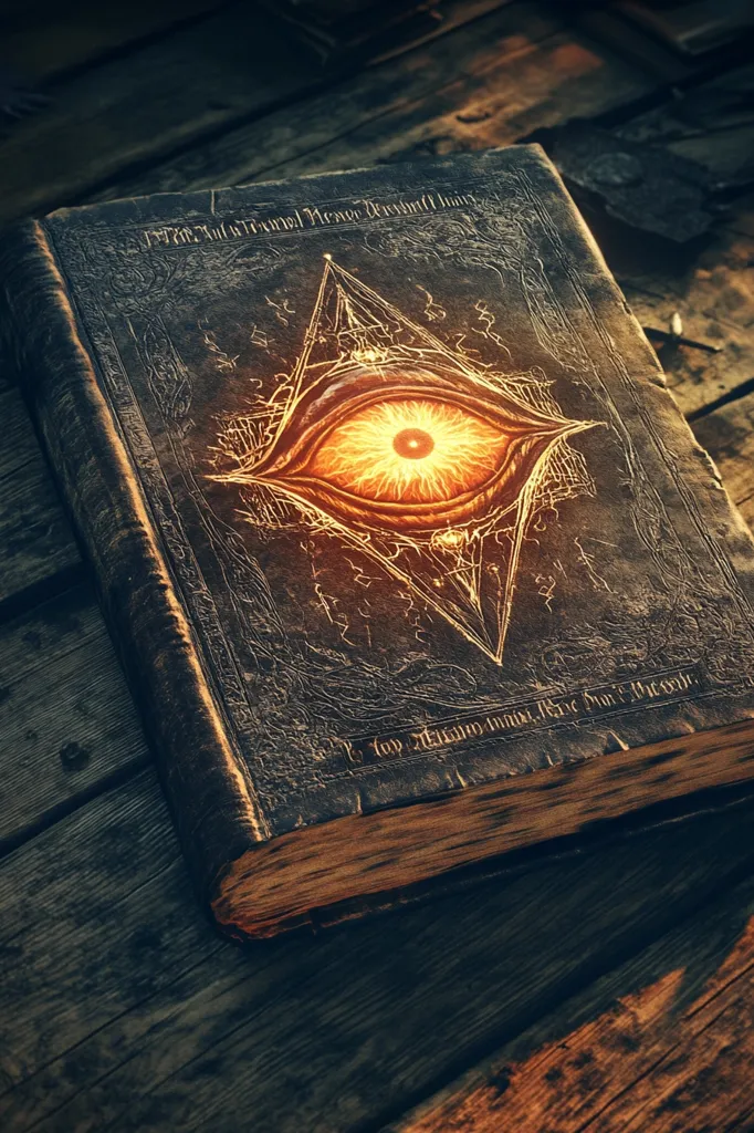 A weathered leather-bound book lies open on a wooden surface.  The cover features a  triangle with a glowing orange eye in the center and an inscription around the edge. The book's pages are yellowed with age and have an ominous and mystical feel.