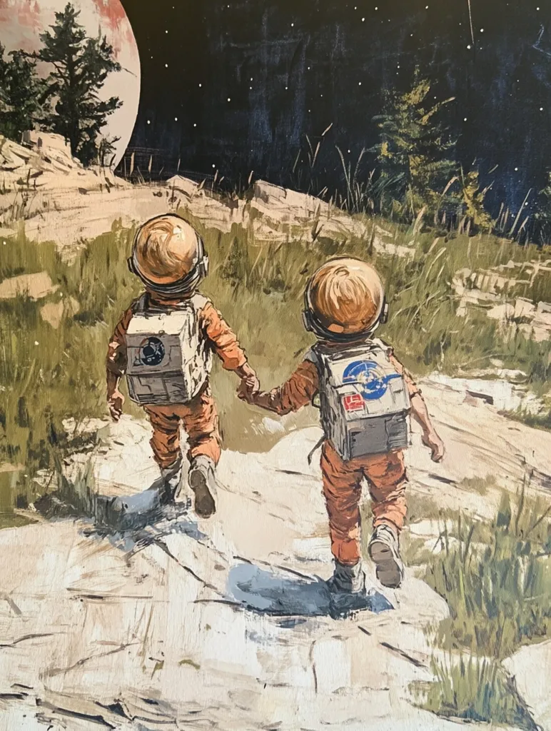 Two astronauts in orange spacesuits walk side by side along a dusty path towards a red planet in the distance. The sky is dark with stars. The painting captures a sense of adventure and exploration. The scene is painted in a loose, impressionistic style with bold brushstrokes.