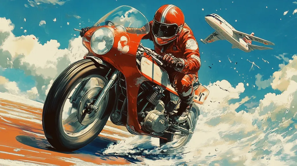 A motorcycle rider in a red helmet and red and white racing suit speeds across a beach. The motorcycle is a classic red and white design with a large front tire. The rider's helmet is facing forward, and the rider's focus is on the road ahead. The sky is bright blue with white clouds, and a white passenger plane flies in the distance.