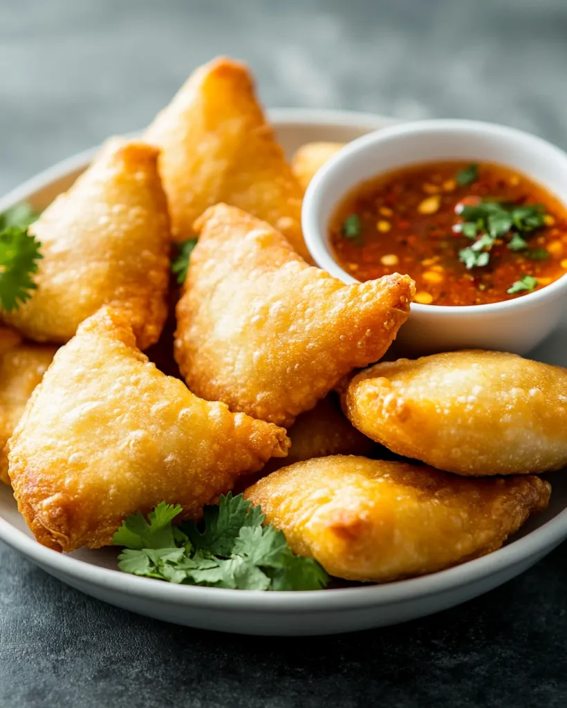 A white bowl filled with golden-brown fried pastries, known as samosas, is presented on a gray surface. The samosas are arranged in a cluster, their crispy exteriors glistening with oil. A small white bowl containing a vibrant red chili dipping sauce, garnished with fresh cilantro, sits next to the samosas. The image exudes a mouthwatering aroma and the promise of a flavorful snack.