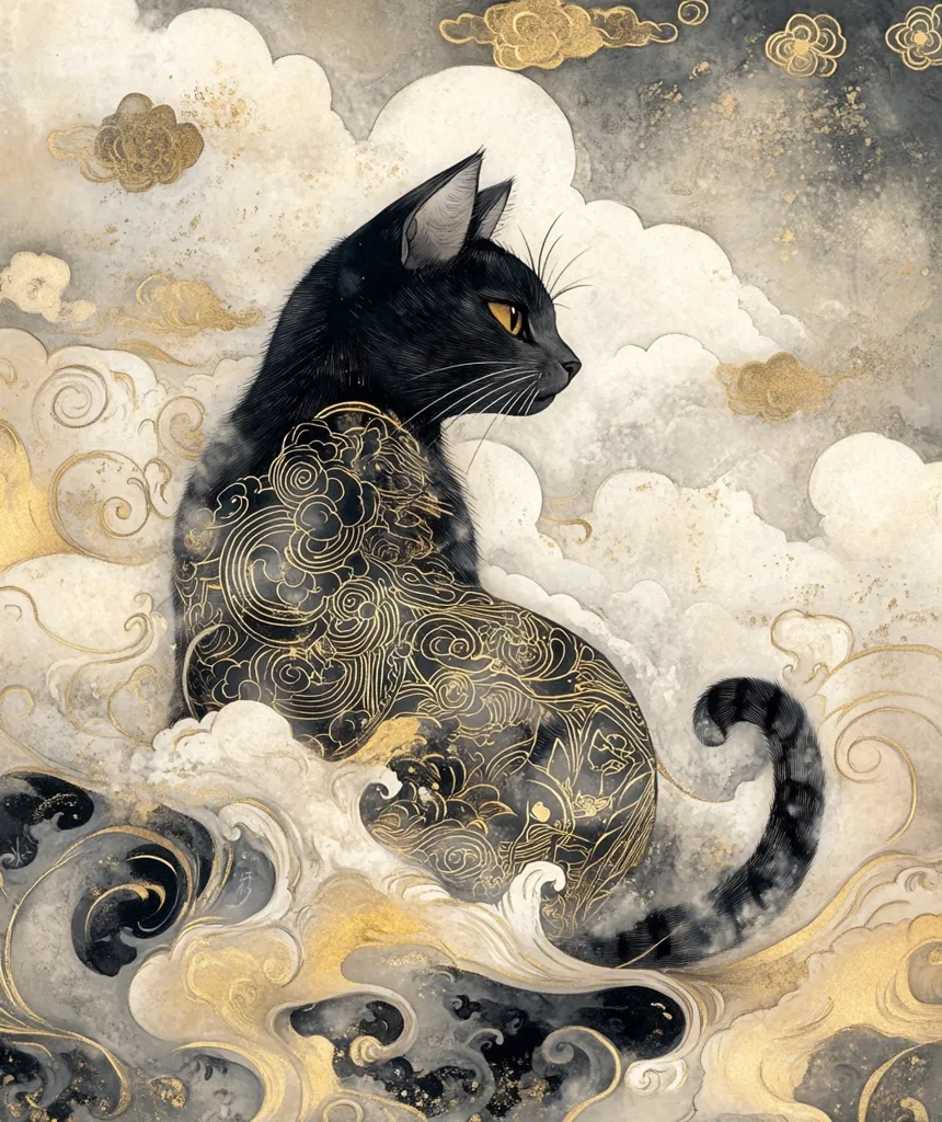 A black cat with yellow eyes sits atop swirling, golden clouds. The cat is covered in a intricate, black and gold pattern resembling clouds and waves. The background is a blend of grey and white clouds, creating a sense of depth and mystery. The image evokes a sense of ethereal beauty and tranquility.