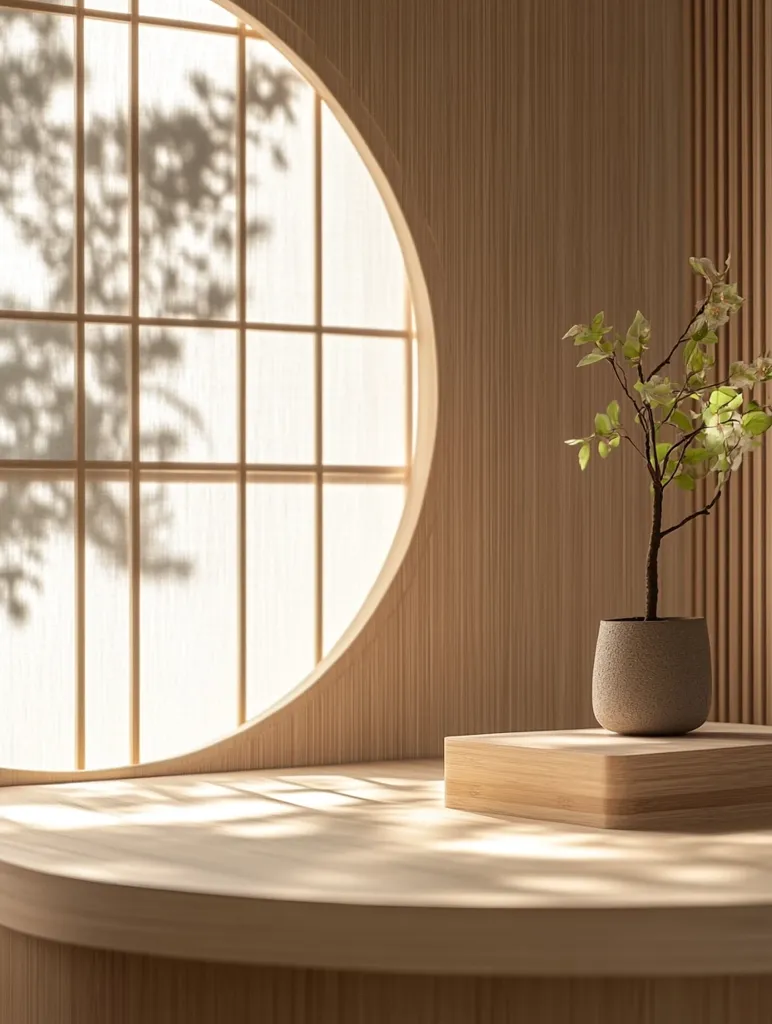 A minimalist Japanese-style room with a large, round window showcasing the shadows of branches and leaves. A small, potted plant with delicate white flowers sits on a wooden platform, creating a tranquil and serene atmosphere. The light wooden walls and simple decor evoke a sense of peace and harmony.