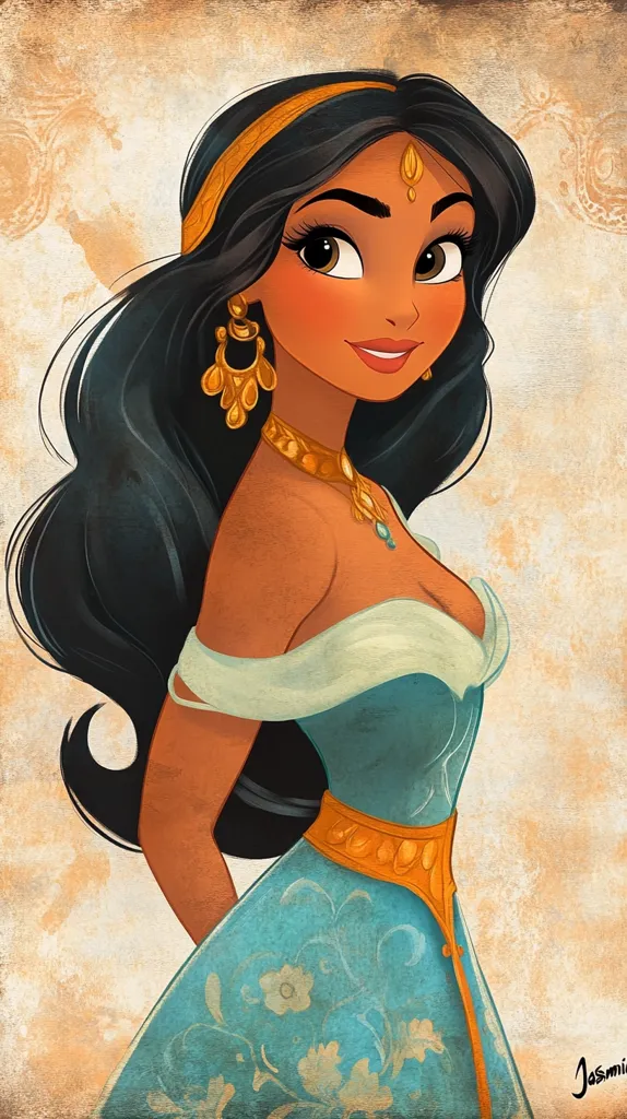 The image is a digital painting of Princess Jasmine from the Disney movie Aladdin.  She is wearing a turquoise dress with a gold belt and is adorned with jewelry.  She has long black hair and brown eyes. The background is a light brown with a vintage look. The artist's signature appears in the bottom right corner.