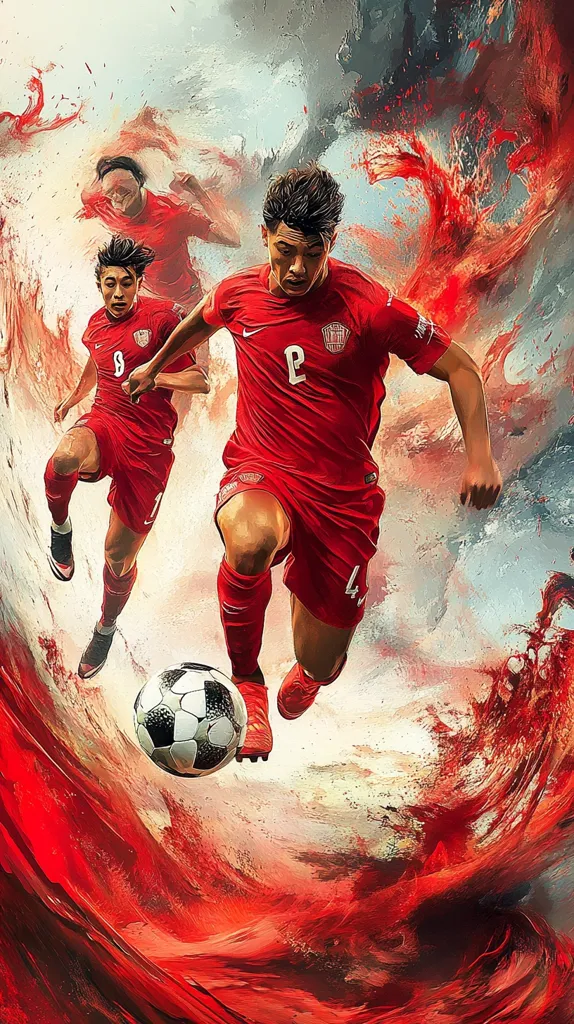 Three soccer players in red jerseys are on a field with a red, white, and blue abstract background. The player in the foreground is dribbling the ball with his right foot, his eyes focused on the game. The other two players are blurred in the background, adding a sense of motion and energy. The overall effect is dynamic and exciting, capturing the thrill and intensity of soccer.