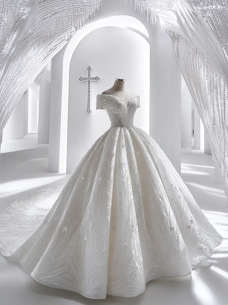 A stunning white wedding gown with a sweetheart neckline and off-the-shoulder straps. The dress is adorned with intricate beading and lace, creating a luxurious and elegant look. The gown is shown in a minimalist setting with a white backdrop and a cross on the wall, adding a touch of sacredness to the image. The gown's flowing train and voluminous skirt create a dramatic and fairytale-like effect, making it perfect for a bride's special day.