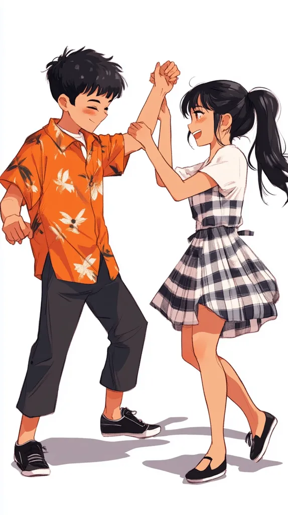 A young couple, dressed in casual clothing, dances together. The boy is wearing an orange Hawaiian shirt and black pants, while the girl wears a plaid sundress. They are holding hands and smiling, their feet seemingly suspended in mid-air. The background is a simple white, highlighting their movement and joyful expression.  They are radiating happiness and the joy of being together.