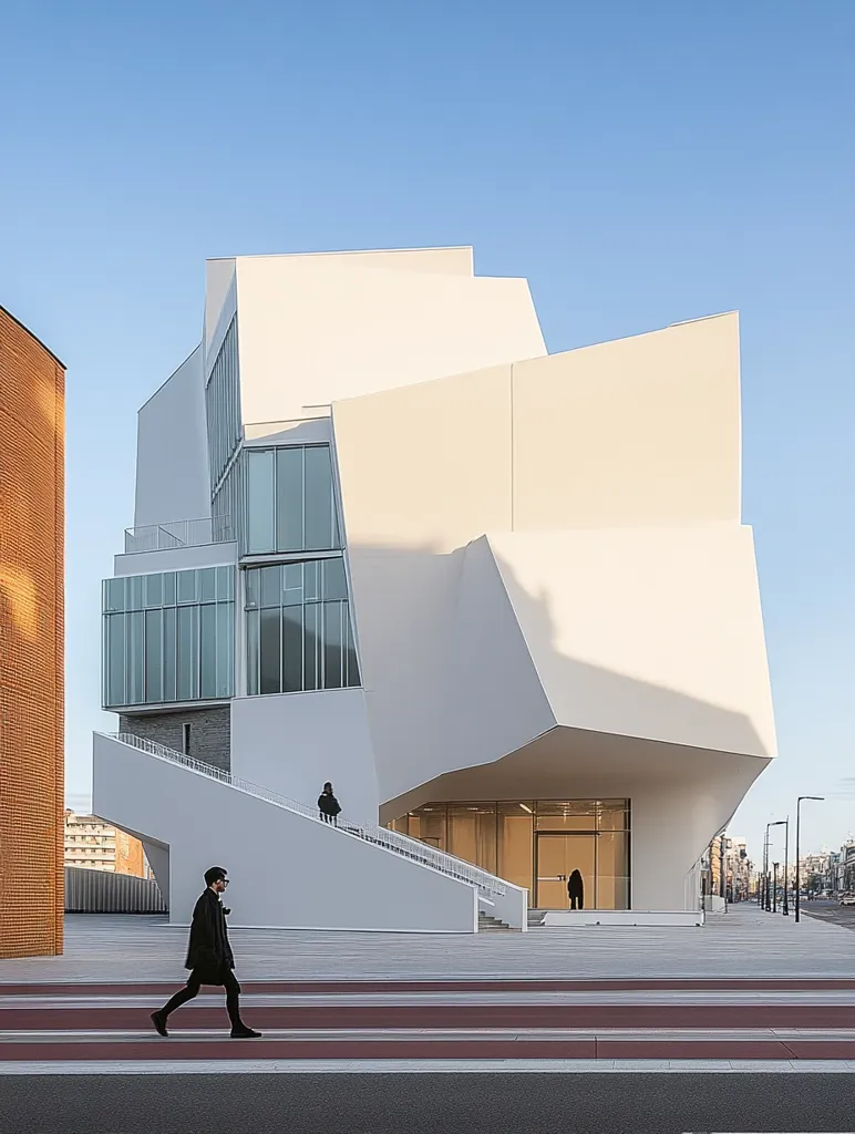 The image shows a modern, white building with a complex, angular facade. The building features large windows and a prominent entrance. A person walks along the street in front of the building, with a pedestrian walkway and a paved area. The sky is clear and blue, and the overall atmosphere is clean and minimalist.  The building's unique design creates a sense of dynamism and intrigue.