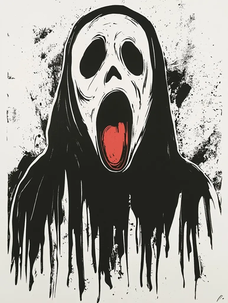 The image is a black and white illustration of a ghost wearing a mask with a wide-open mouth and a red tongue sticking out. The ghost's eyes are large and white, with black pupils. The background is a splatter of black ink on white paper, creating a textured effect. The illustration is a spooky and eerie depiction of a ghost, likely intended to evoke fear and horror.
