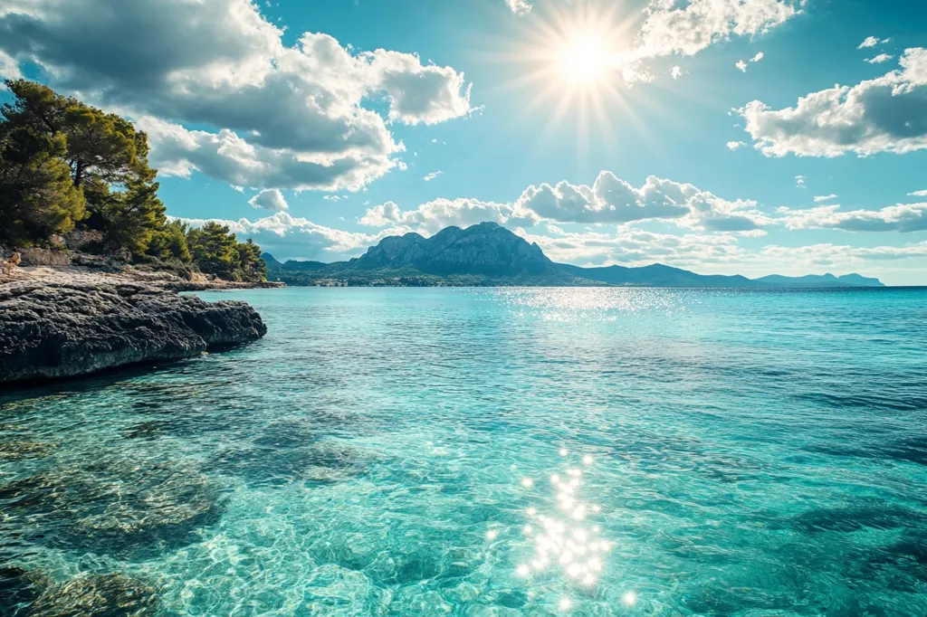 The image shows a beautiful beach scene with crystal clear turquoise water, a rocky shoreline, and a mountain range in the distance. The sun is shining brightly, casting a golden glow over the landscape. White puffy clouds drift across the bright blue sky, and the water is sparkling with sunlight reflections. The scene evokes a sense of peace, tranquility, and natural beauty.