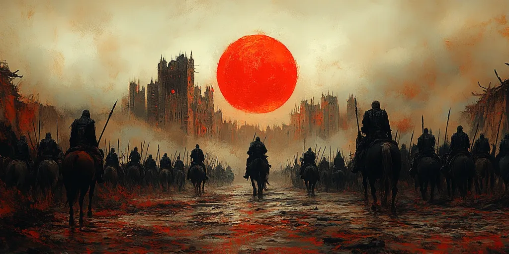 A large army of silhouetted figures on horseback marches towards a distant city under a blood-red sun. The sky is filled with smoke and haze, giving the scene a foreboding atmosphere. The city appears to be a looming, imposing structure, perhaps a fortress or a stronghold. The image evokes a sense of epic conflict and impending doom.