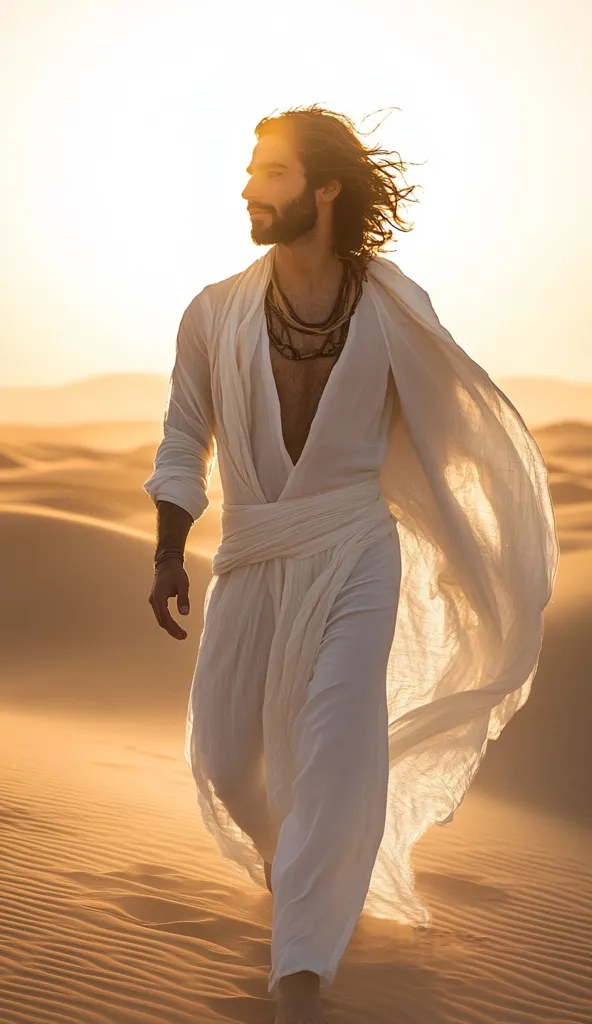 A man with long hair and a beard walks through a desert wearing white clothing. The fabric of his robe billows behind him in the wind as he looks to his left. The setting sun casts a warm glow on the scene, highlighting the sand dunes in the background.  He looks calm and confident as he walks through the desert landscape.