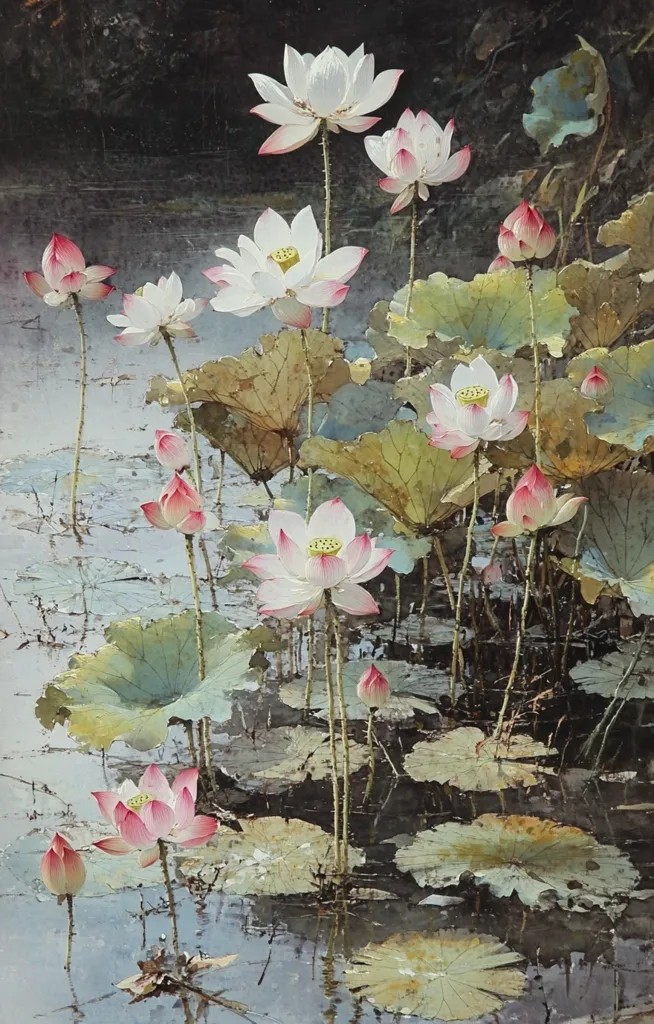 A serene watercolor painting depicts a pond teeming with lotus flowers. Delicate pink and white blooms rise from the water, their petals unfurling gracefully. Large, textured leaves provide a verdant backdrop, while the water's surface reflects the tranquility of the scene. The painting evokes a sense of peace and natural beauty.