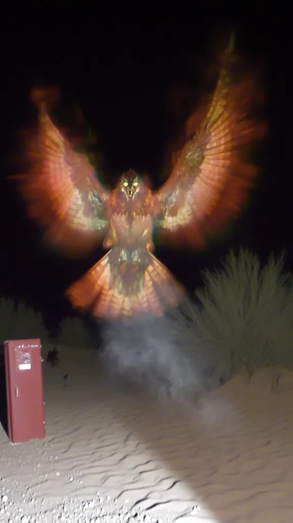 A blurry image of a large, winged creature with glowing green eyes. The creature appears to be flying over a sandy ground with a red electrical box in the foreground. The creature is illuminated by an unknown light source, creating a hazy effect. The background is dark and indistinct. The image has a mysterious and fantastical feel.