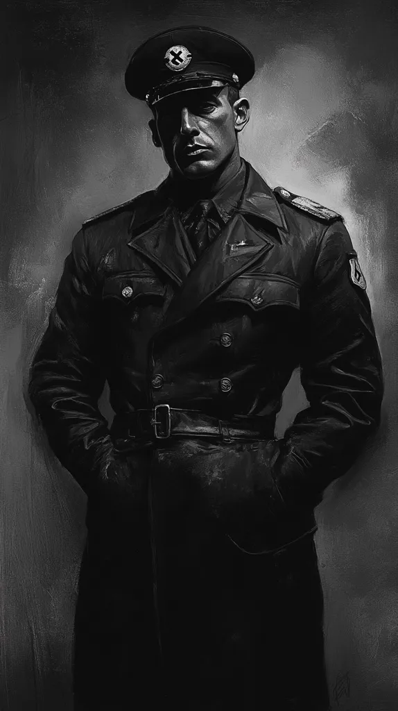 The image is a black and white portrait of a man in a military uniform. He is wearing a black peaked cap with a symbol on the front, a black leather jacket with a belt, and a white shirt with a tie. He has a serious expression on his face. The background is dark and blurred. The lighting is dim, creating a sense of mystery and intrigue.  The image has a somber and serious tone, and it evokes a sense of authority and power.