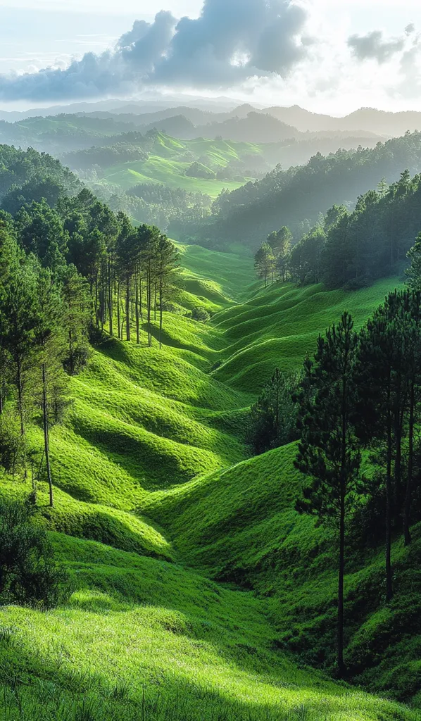 A lush green valley with rolling hills and a thick forest of trees on the slopes. The valley is bathed in soft sunlight, casting long shadows. The sky above is a pale blue with fluffy white clouds. The scene evokes a sense of tranquility and peace.