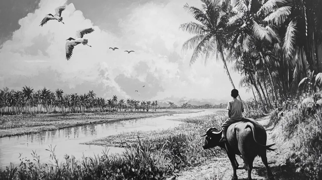 A black and white image of a man riding a water buffalo along a dirt path. He is facing away from the viewer, looking towards a river that winds through a tropical landscape. Palm trees line the riverbank, and a few birds fly overhead. The sky is cloudy, and the overall mood is peaceful and serene.