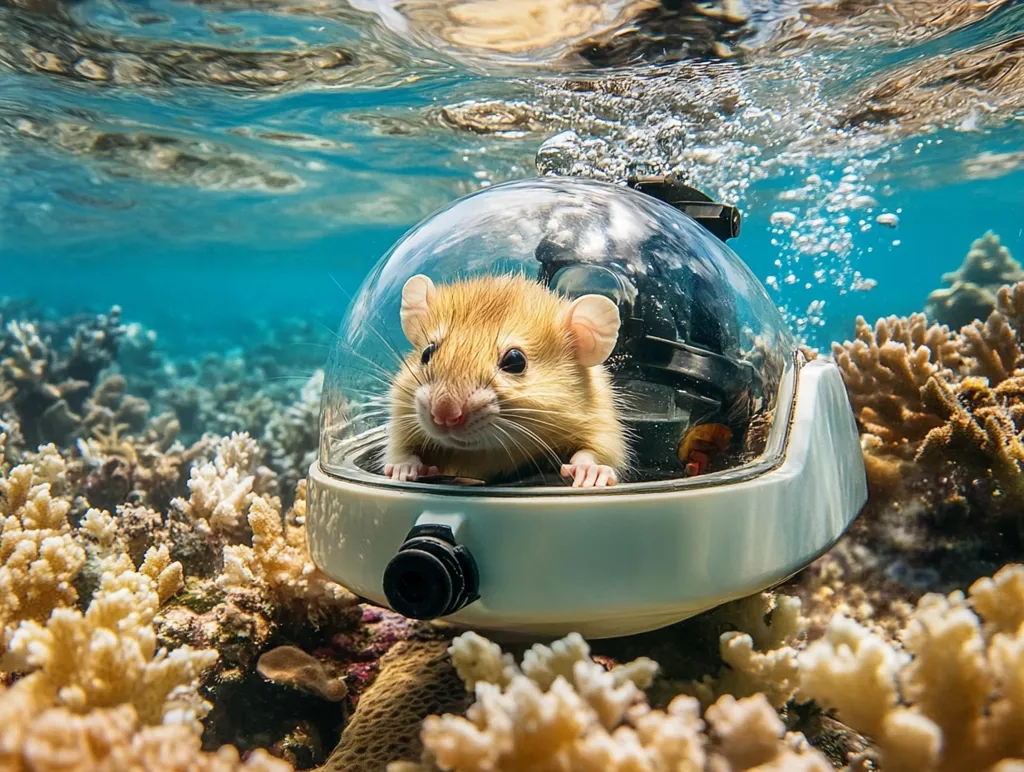 A small, light brown rat sits in a clear, helmet-like submersible, peering out at the viewer.  The submersible is surrounded by coral, and the water is a bright blue. The rat appears to be exploring the underwater world, its whiskers twitching with curiosity.  The overall scene is playful and whimsical, as if the rat is on a grand adventure.