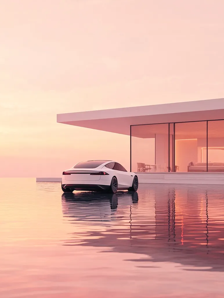 A white car sits parked in front of a modern, minimalist house. The car is reflected in the calm water in front of the building. The sky is a soft pink and the overall scene is serene and peaceful. The setting evokes a sense of luxury and tranquility.