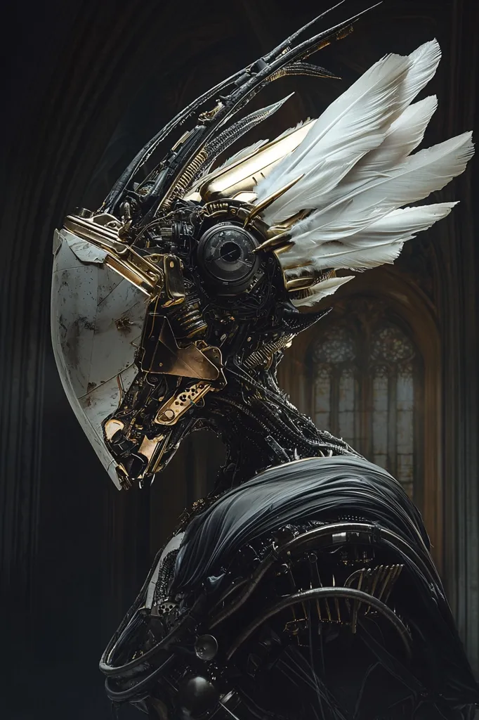 A dark, intricately designed, mechanical being with a large, white feathered headpiece stands in a shadowy, gothic setting. Its body is composed of intricate gears, wires, and pipes, with a hint of gold accents. The creature's head is obscured by a helmet-like structure, and its eyes glow with an eerie light. The overall image evokes a sense of both beauty and danger.