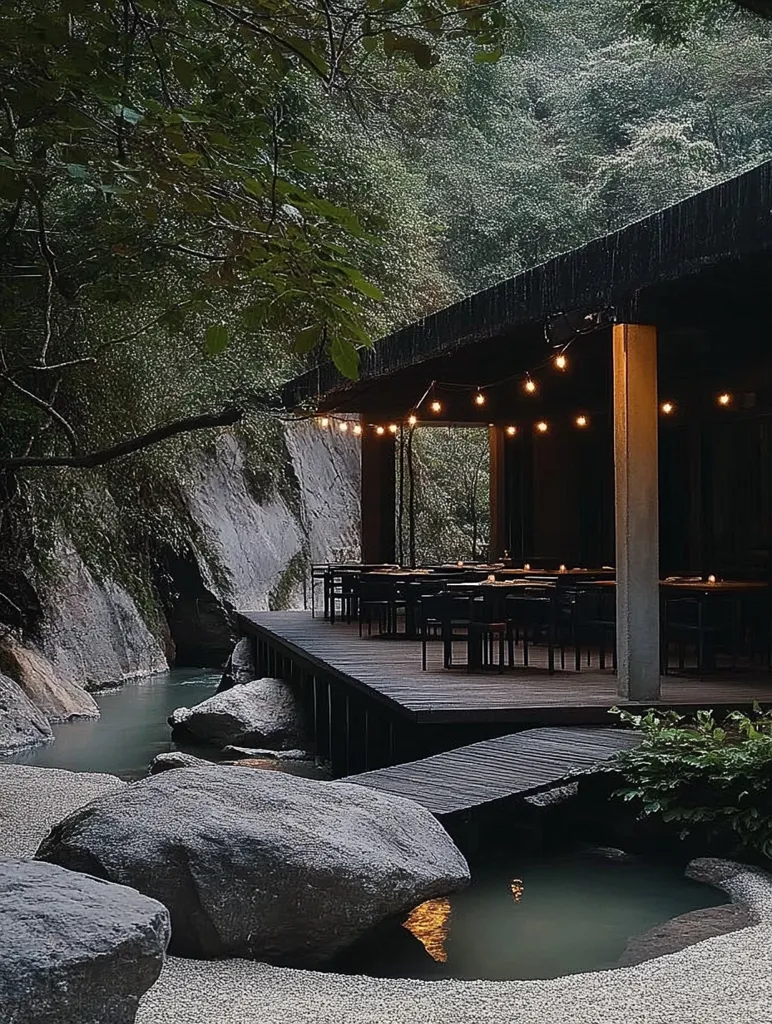 A modern, minimalist wooden structure nestled amidst lush greenery and a rocky stream. String lights illuminate the covered patio, which features dark wooden tables and chairs. Large stones dot the gravel surrounding the pond, creating a serene and natural ambiance. The scene evokes a sense of calm and tranquility.