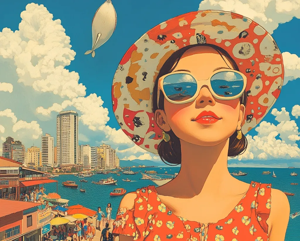 A young woman with sunglasses and a bright red and white sunhat stands in front of a cityscape overlooking a blue body of water. The woman has her head tilted upwards, and her sunglasses reflect the water.  The scene is a vibrant summer day with fluffy white clouds and a bird soaring in the sky.