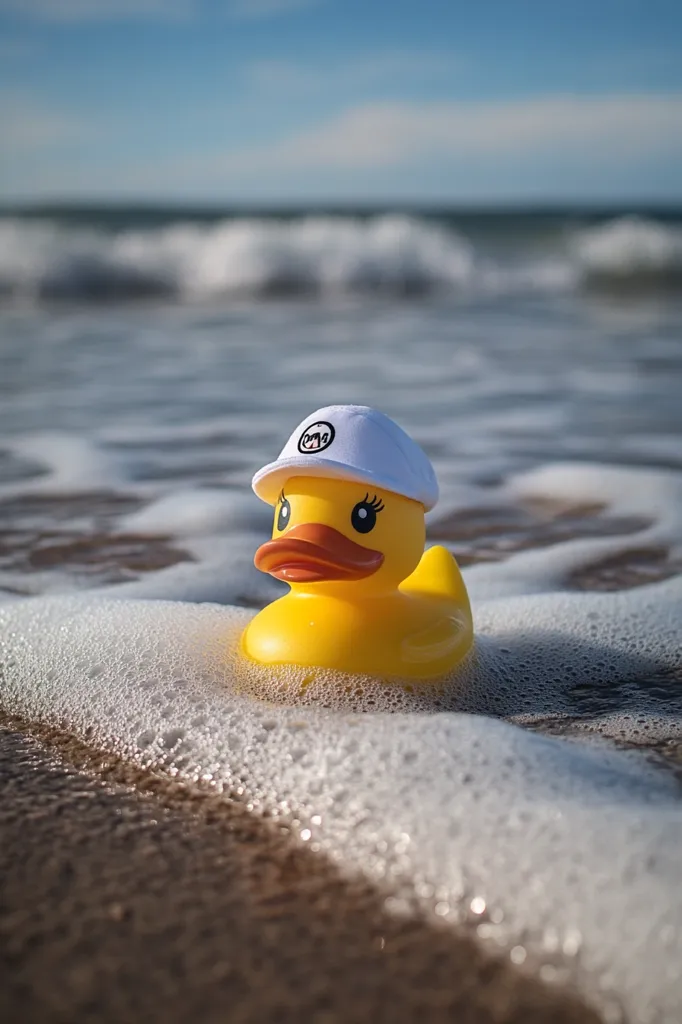 A yellow rubber duck wearing a white cap with a black logo is partially submerged in foamy ocean water. The duck's head and beak are visible, and the water is clear with white foam around the duck. The background is a blurred image of the ocean and sky. The scene is bright and sunny.