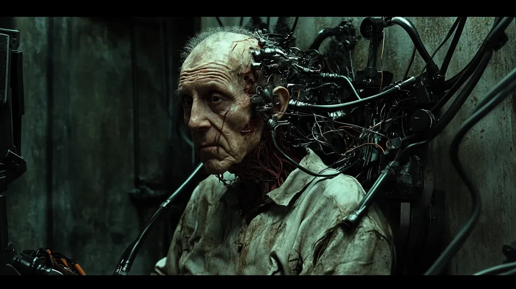 An elderly man, his face weathered and lined, is connected to a complex network of wires and tubes. The intricate web of technology extends from his head and neck, creating a chilling image of cyborgification. The dark, industrial setting adds to the sense of mystery and unease surrounding the man's situation. His expression is a mixture of pain and resignation, hinting at a history of suffering and a future of unknown consequences.