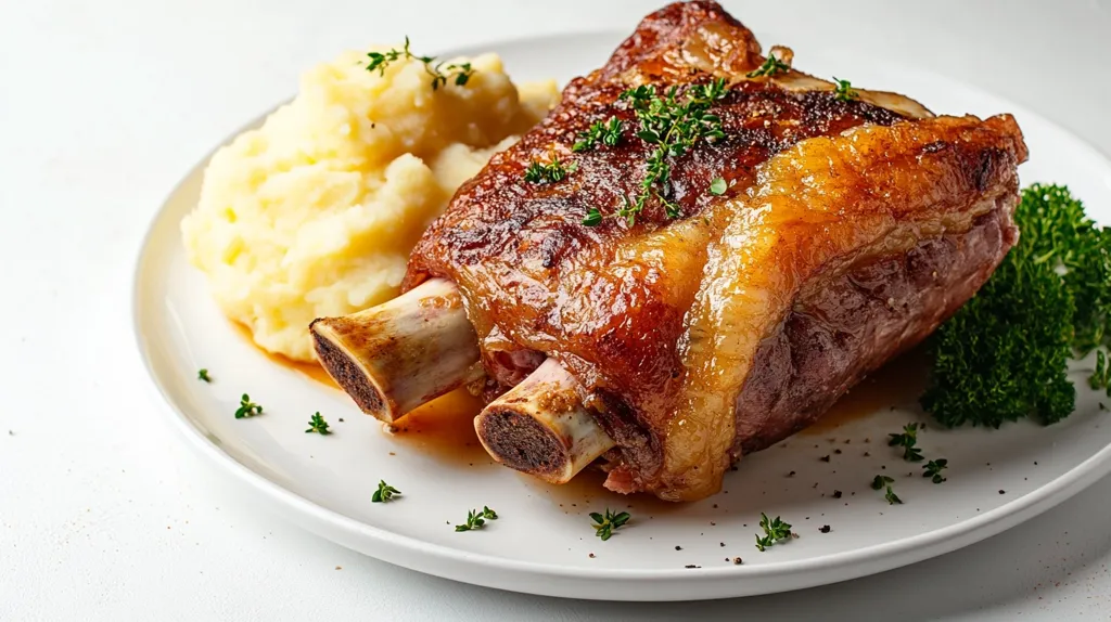 A plate of roasted meat with a crispy brown exterior sits on a bed of mashed potatoes. The meat has visible bone and is garnished with sprigs of thyme and parsley. The white plate is speckled with pepper and surrounded by a white background.