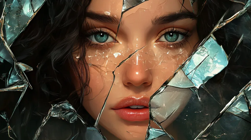 A woman with long dark hair looks directly at the viewer. Her face is partially obscured by a shattered windowpane, which reflects her piercing blue eyes and a look of sadness.  The sharp edges of the glass contrast with her soft features, creating a sense of vulnerability. The image suggests a sense of pain and brokenness.