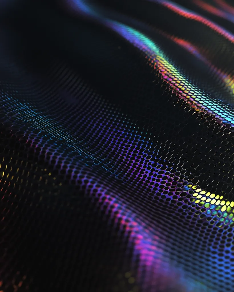 A close-up of a black, iridescent fabric with a textured pattern of small circles. The fabric is slightly wrinkled and has a shimmering quality, with hues of blue, purple, green, and yellow reflecting off its surface. The background is out of focus, creating a sense of depth and mystery. The image captures a mesmerizing interplay of light and texture, creating a visually appealing abstract composition.