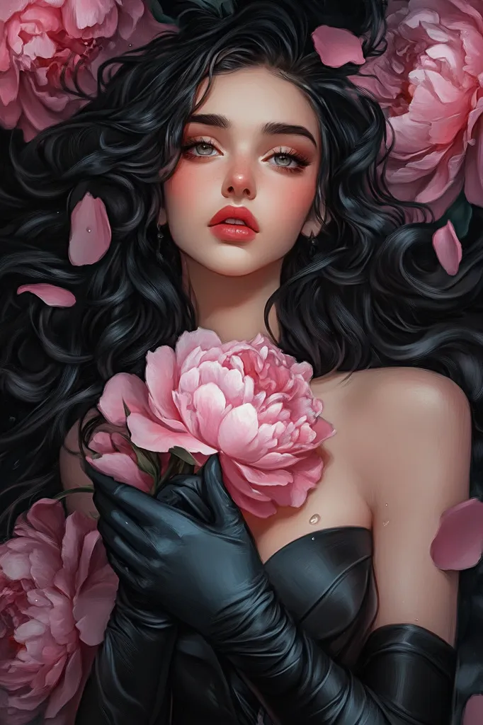 A woman with long, black hair is wearing a black strapless dress and long black gloves.  She holds a pink peony in her hands, and several more pink peonies are scattered around her.  Her eyes are light blue, and her lips are a bright red.  She is looking directly at the viewer, and her expression is soft and alluring.  The image is stylized and almost looks like an illustration.