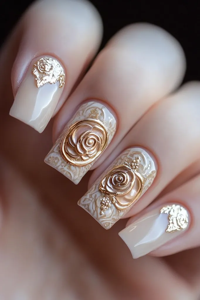 The image shows a hand with four fingernails adorned with intricate nail art. Each nail features a delicate white base with a gold, 3D rose design. The roses are centered on the nails, adding a touch of elegance and sophistication to the overall design. The nails are long and square-shaped, with a glossy finish that highlights the intricate details of the rose designs. The image captures the beauty of the nail art, showcasing the artistry and attention to detail involved.