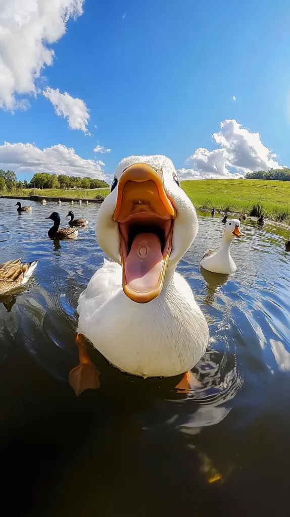 A white duck with an open beak and orange feet is swimming in a pond on a sunny day. It is looking directly at the camera, and its expression is playful and friendly. Other ducks can be seen in the background. The water is calm, and the sky is blue with white clouds. The image is taken from a low angle, giving the viewer the feeling of being eye-to-eye with the duck.  It looks like the duck is having a great time swimming in the pond on a beautiful day.