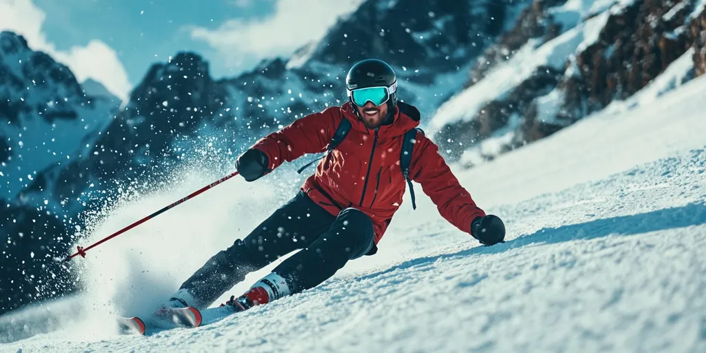 A skier in a red jacket and black pants speeds down a snowy slope, leaving a trail of white powder in his wake. He wears a helmet and goggles, grinning as he leans into the turn.  The mountains in the background are blurred, suggesting high speed and a sense of freedom.  The bright blue sky and the white snow create a stark contrast, making the scene feel both exhilarating and peaceful.