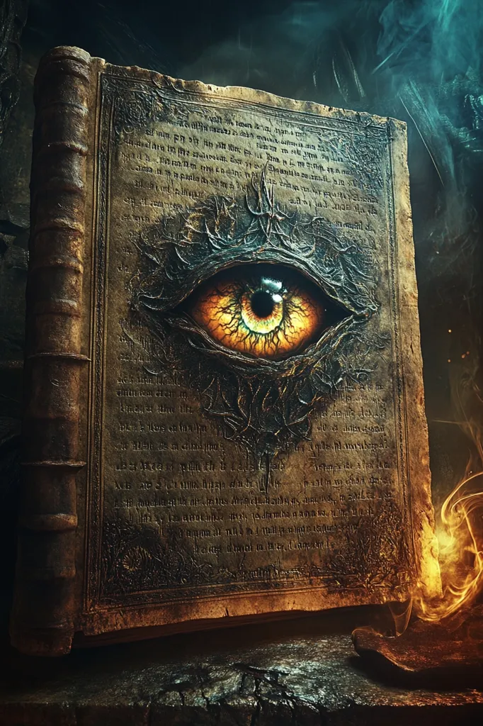 The image depicts an ancient, leather-bound book with an ominous, glowing eye on its cover. The eye is surrounded by intricate, dark designs, suggesting the book is a powerful artifact. The pages are filled with cryptic writing, hinting at forbidden knowledge. The book rests on a rough, dark surface with smoke and flames swirling in the background, creating an atmosphere of mystery and danger.
