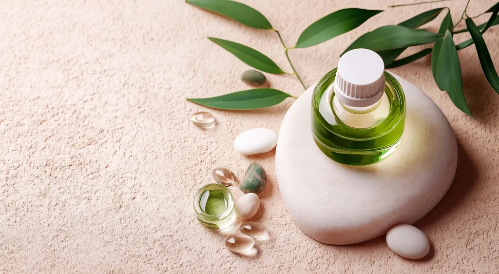 A bottle of essential oil with a white lid sits on a white stone, surrounded by green leaves, white and green stones, and small glass orbs. The scene is set against a light brown background, creating a spa-like atmosphere.  The image conveys tranquility and natural beauty.