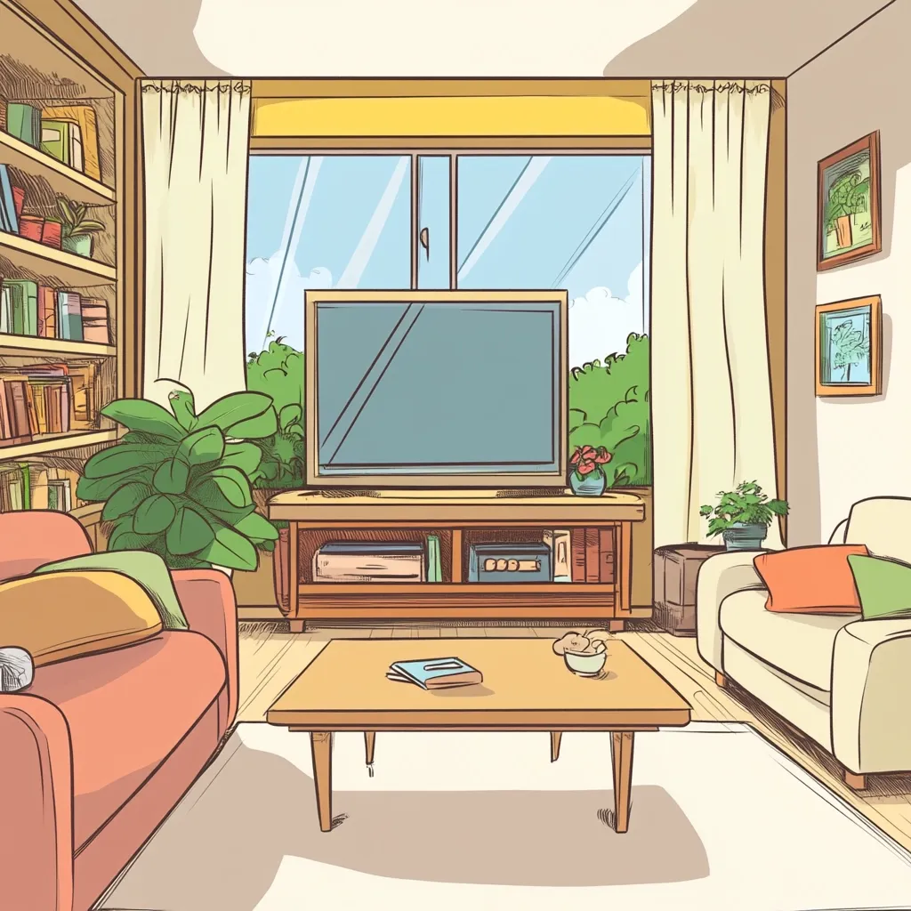 The image depicts a living room with a large window overlooking a green garden. The room is furnished with two sofas, a coffee table, a television set on a shelf, and a bookcase filled with books. The light is warm and inviting, making the room feel comfortable and relaxing.  The room features a variety of plants adding a touch of nature.