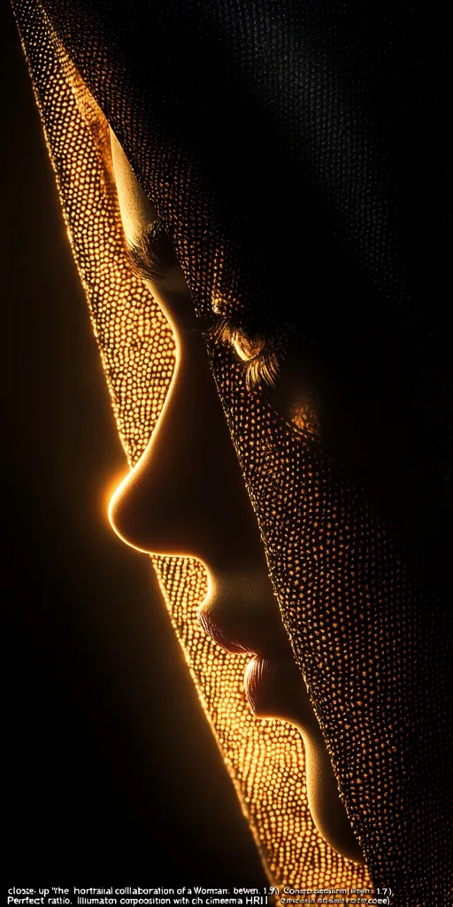 A close-up image of a woman's face partially obscured by a shimmering, golden fabric. The fabric is textured and creates a unique contrast against the dark background.  The soft lighting highlights the woman's features and creates a sense of mystery and intrigue.