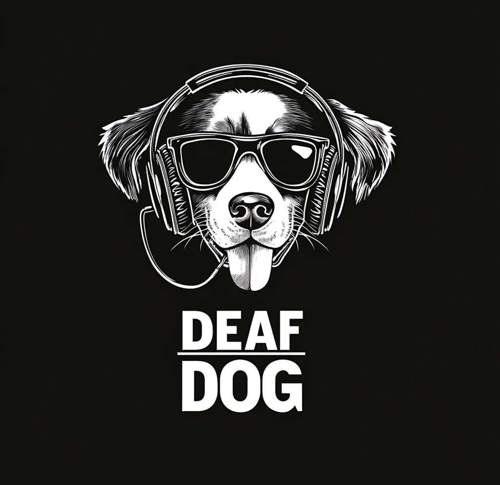 A black and white illustration of a dog's head wearing headphones and sunglasses. The dog's tongue is sticking out and its ears are floppy. The words "DEAF DOG" are written underneath the dog's head. The image is on a black background.