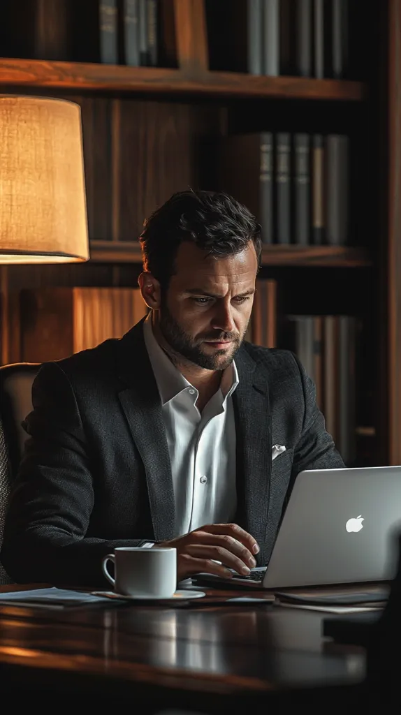 A man in a suit sits at a desk, illuminated by a lamp, in a library setting. He is focused on his laptop, with a cup of coffee and papers nearby. The warm light and wooden surroundings create a sense of sophistication and contemplation. The image captures a moment of quiet concentration and professional work.