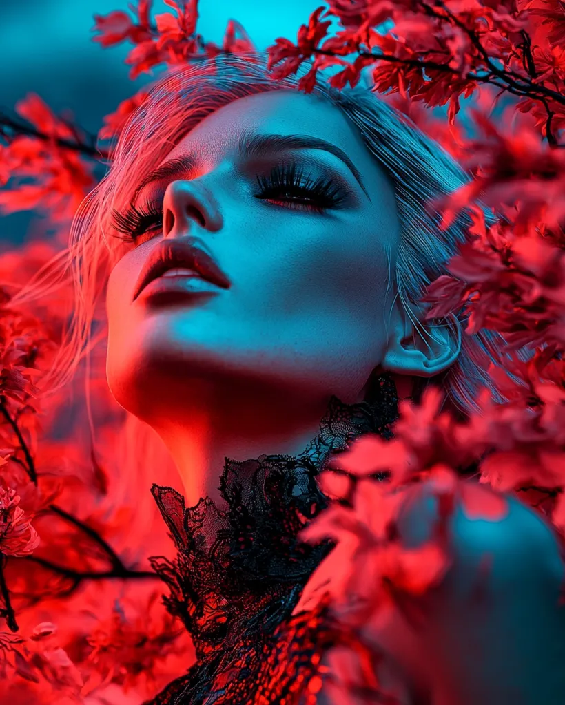 A young woman with blonde hair and a black lace collar is partially obscured by red blossoms. Her face is illuminated with a cool blue light, creating a striking contrast with the warm red of the flowers. Her eyes are closed, and her expression is serene. The overall image evokes a sense of mystery and beauty.