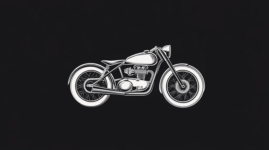 The image shows a white outline of a vintage motorcycle on a black background.  The motorcycle is drawn in a simple, stylized way, with details like the engine, wheels, and exhaust pipe clearly visible. The image conveys a sense of classic style and timeless design, reminiscent of a bygone era of motorcycle culture.