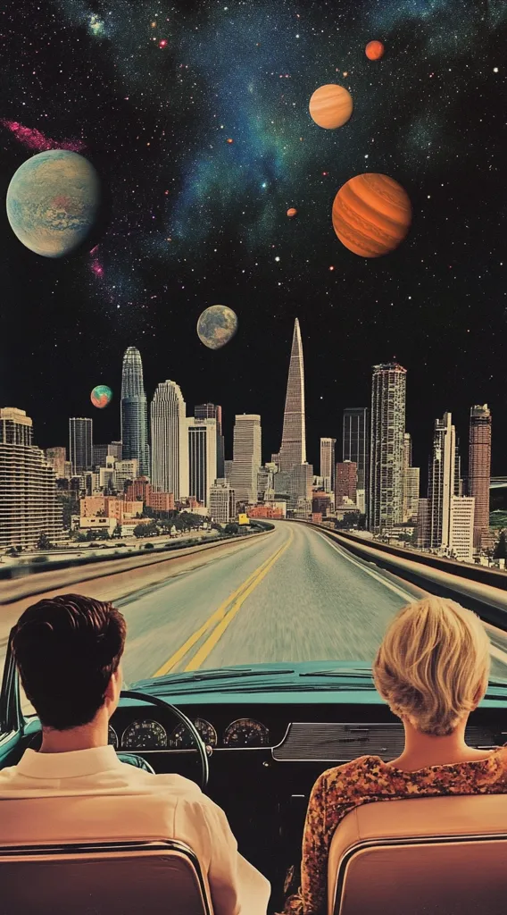 A couple drives down a highway through a futuristic city. The cityscape is filled with tall skyscrapers and the night sky is filled with stars and planets. The car is an old classic, and the couple is dressed in vintage clothing. The scene is a surreal and dreamlike combination of futuristic and retro elements.  The image creates a sense of nostalgia and wonder.